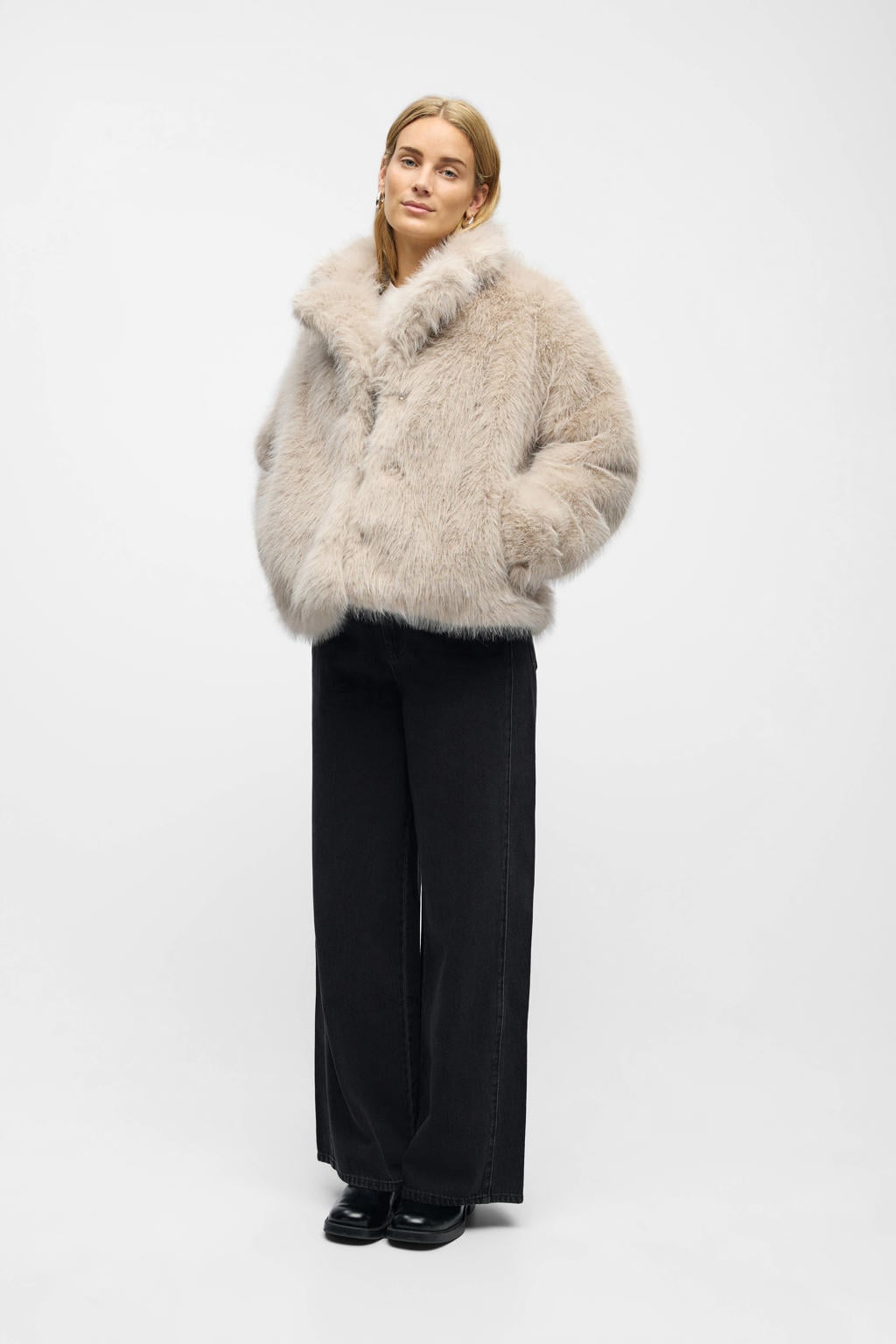 Beige dames OBJECT faux fur jas van polyester met effen en lange mouwen