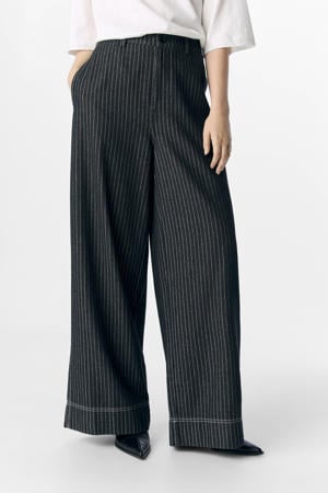 wide leg regular waist casual broek met krijtstreep zwart