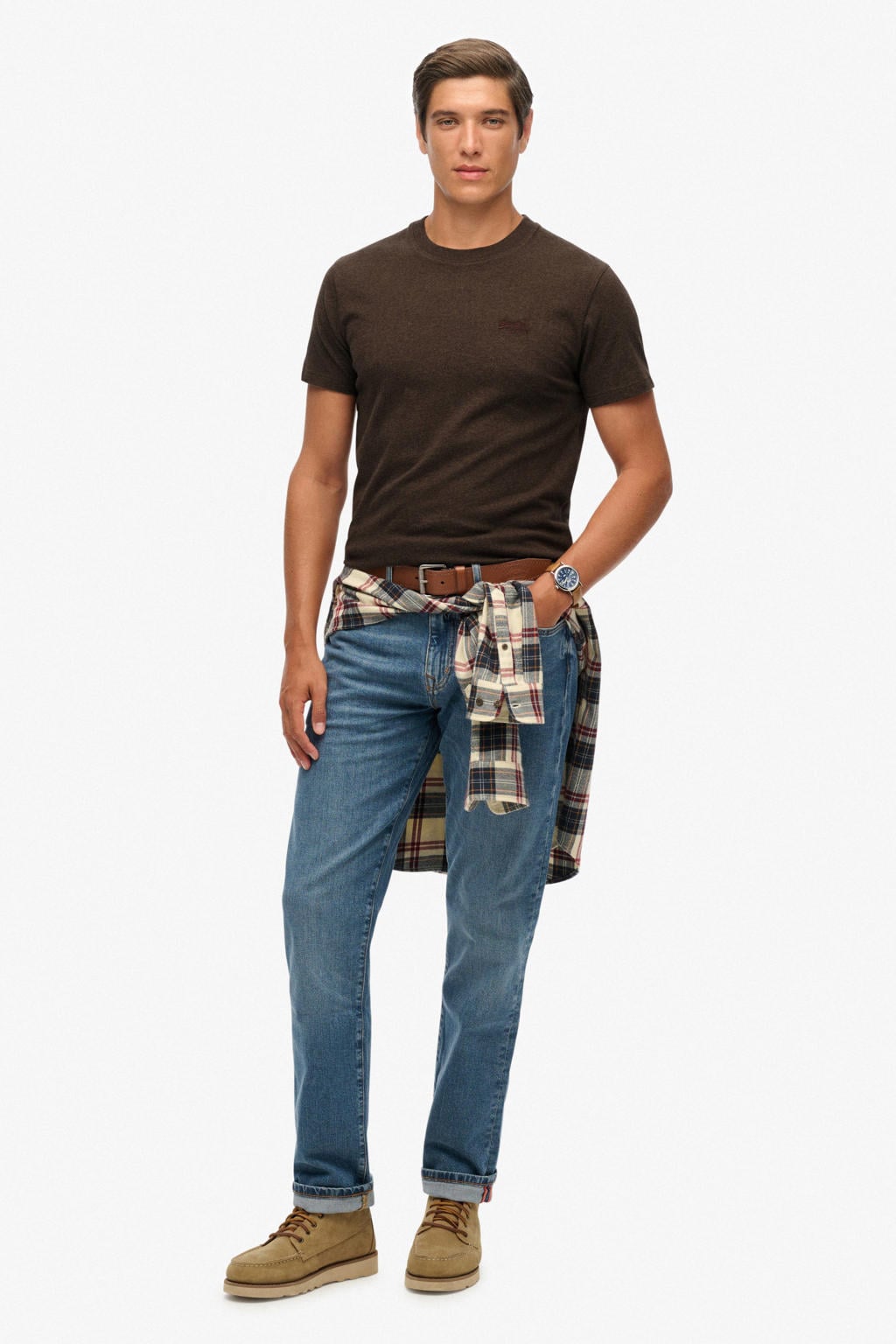 Donkerblauwe heren Superdry slim T-shirt van katoen met effen, korte mouwen en ronde hals