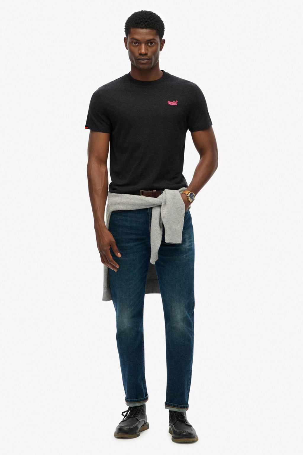 Zwarte heren Superdry slim T-shirt van katoen met effen, korte mouwen en ronde hals