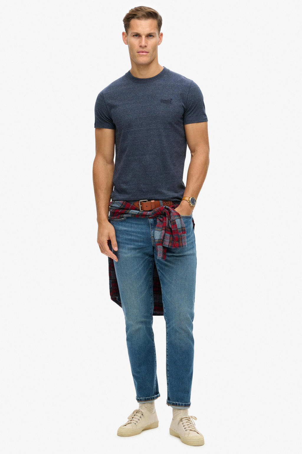 Donkerblauwe heren Superdry slim T-shirt van katoen met effen, korte mouwen en ronde hals