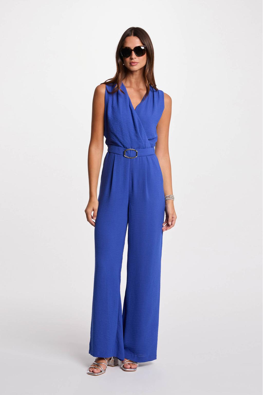 Blauwe dames Morgan wide leg jumpsuit met effen, V-hals en ritssluiting