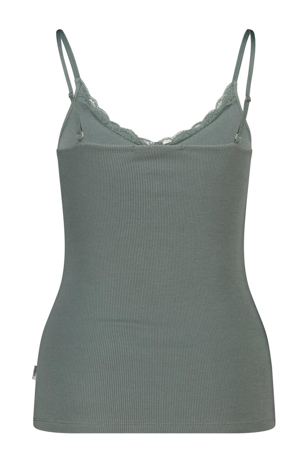 Grijsgroene dames America Today singlet groen met effen, V-hals en kant