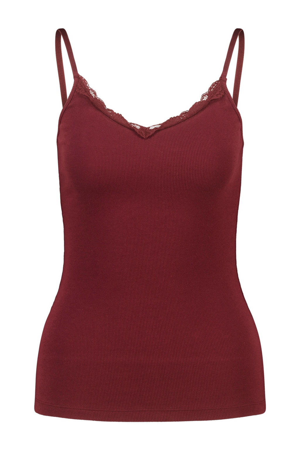 Donkerrode dames America Today singlet van stretchkatoen met effen, V-hals en kant