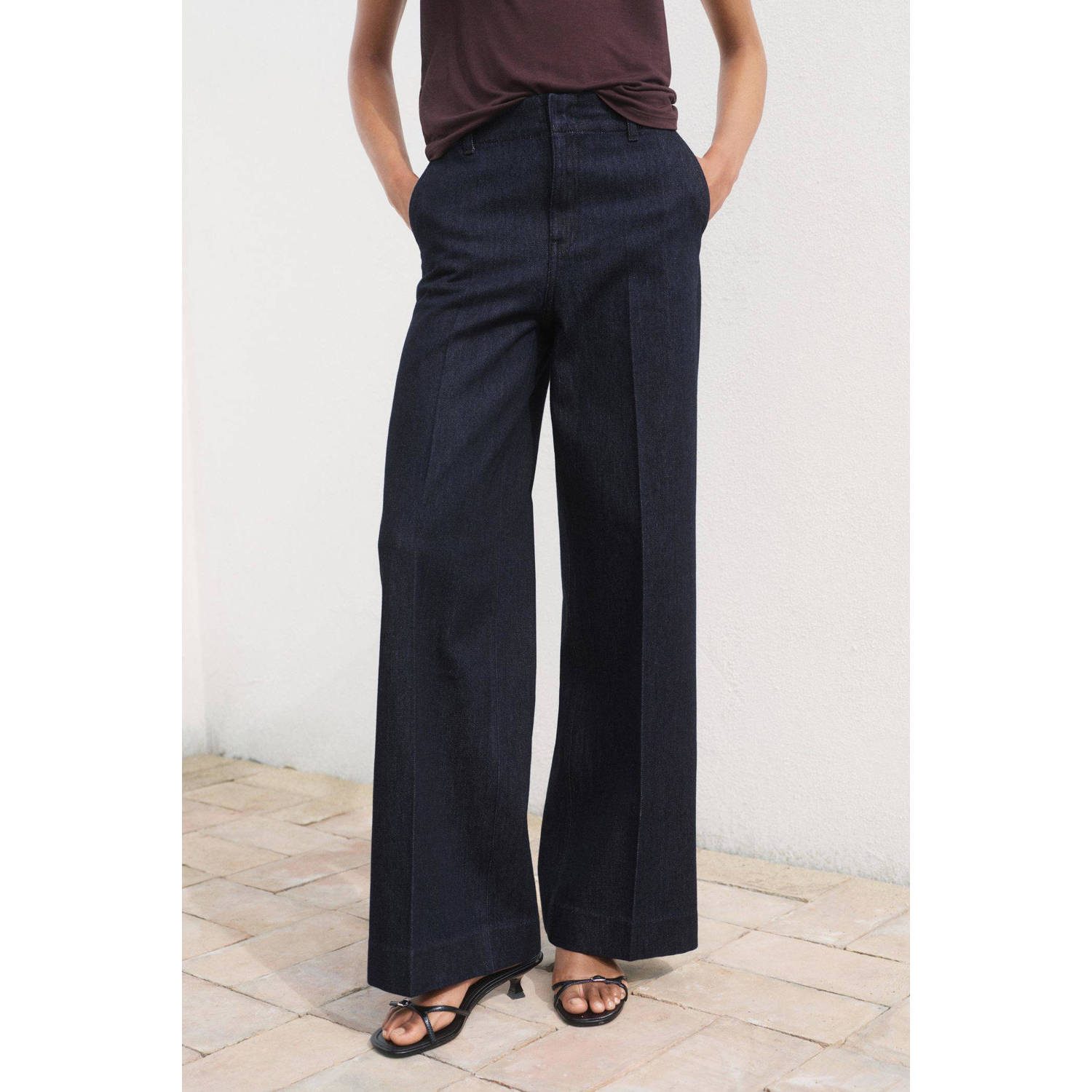 Mango denim wide leg high waist broek dark blue denim