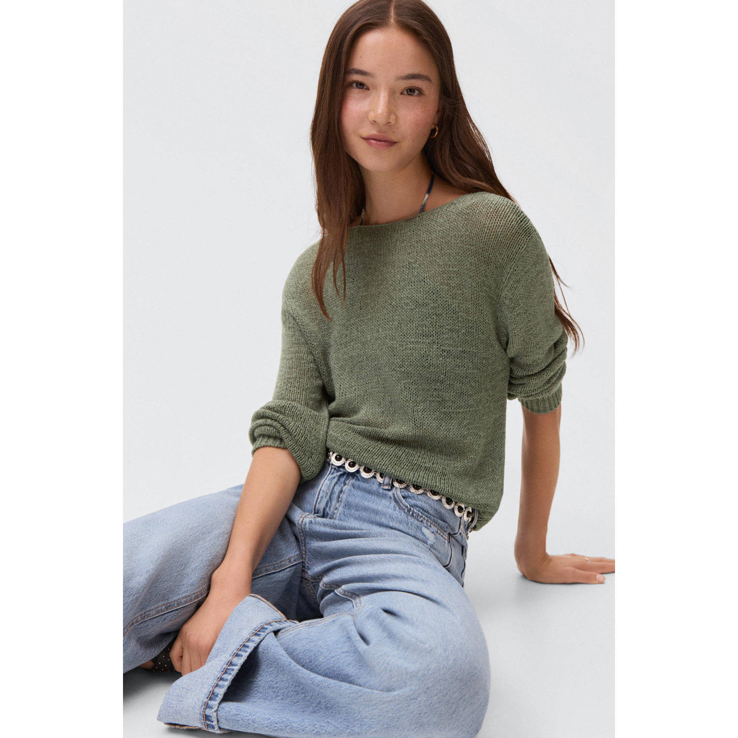 MANGO TEEN trui lichtkaki fijn gebreid