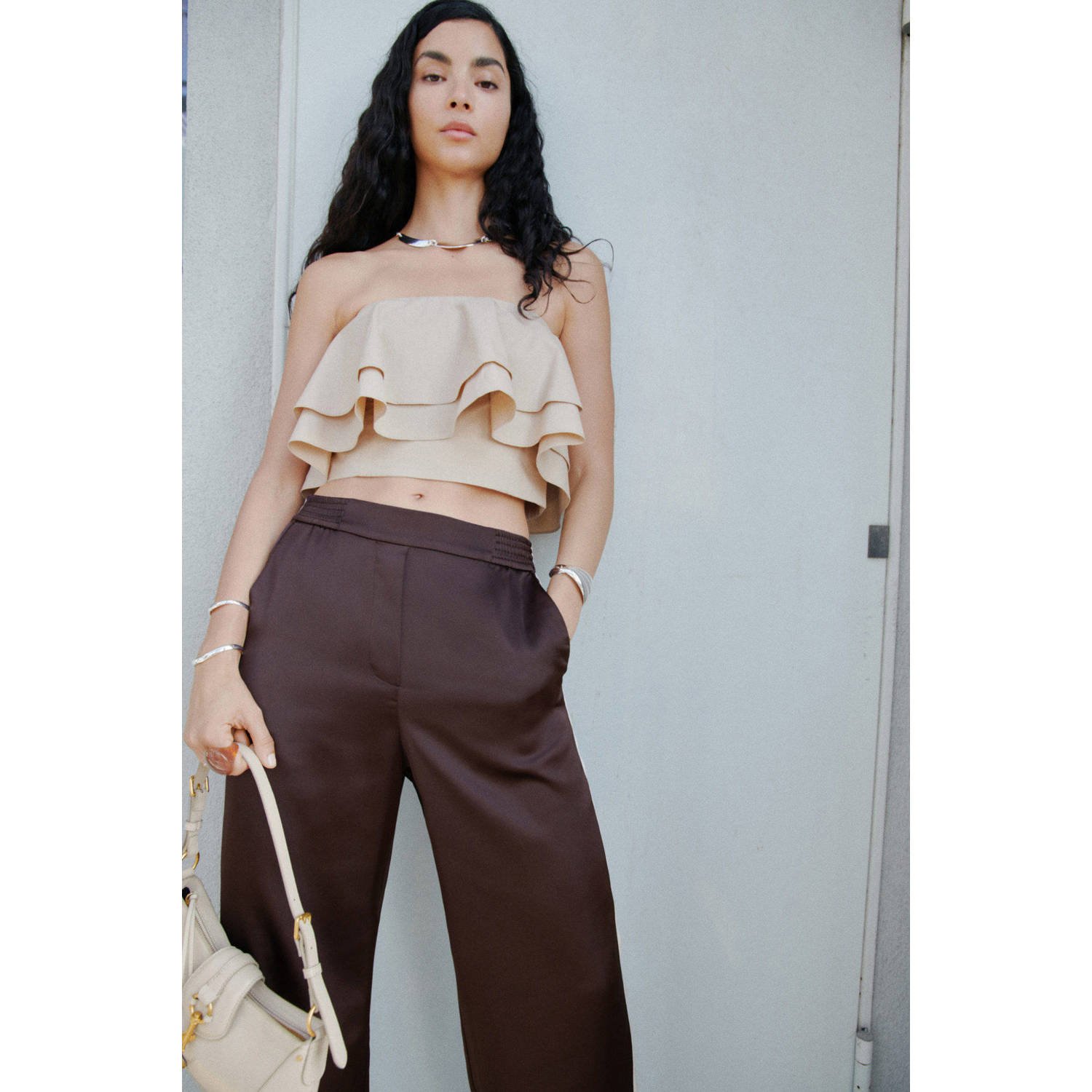 Mango straight high waist broek bruin