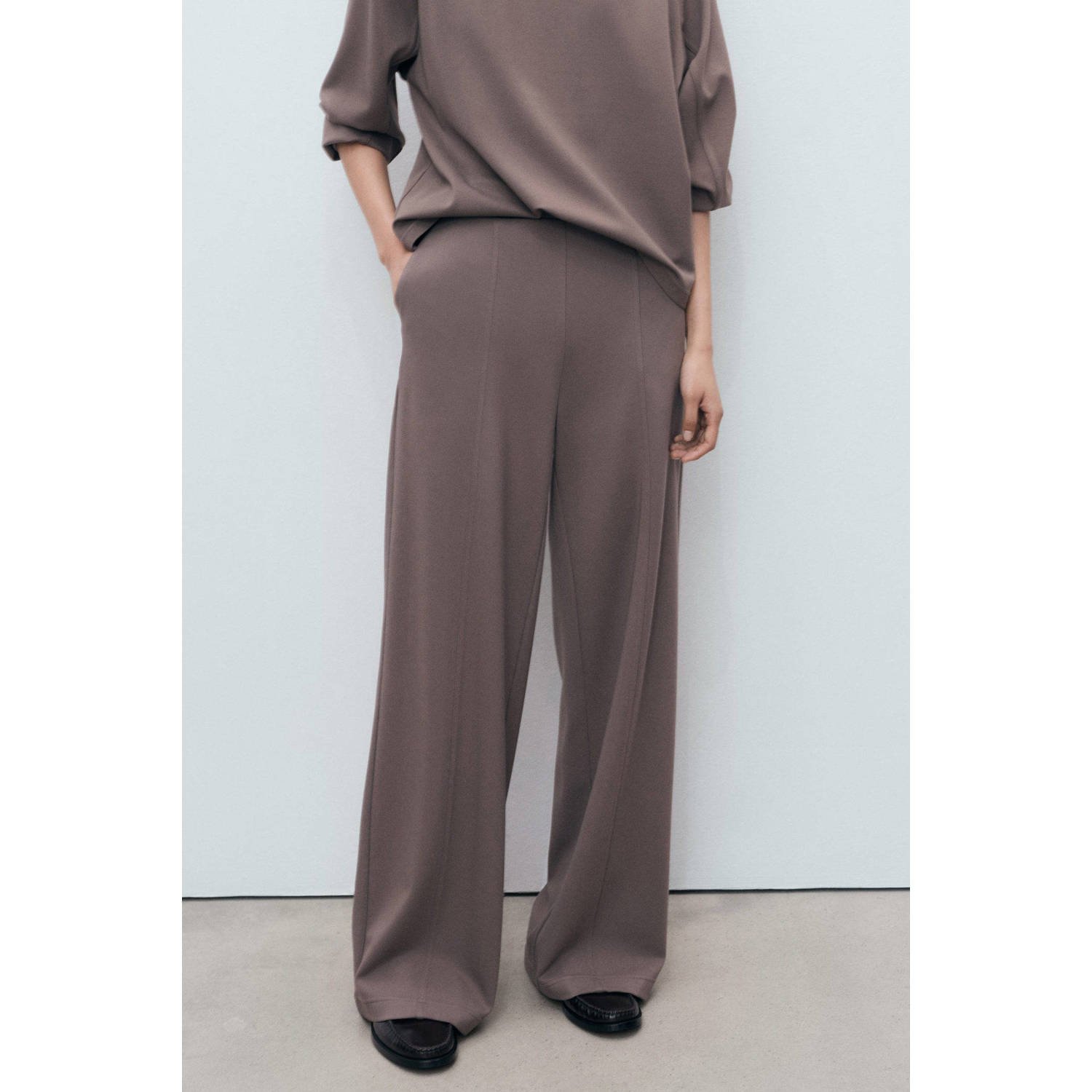 Mango wide leg regular waist broek bruin