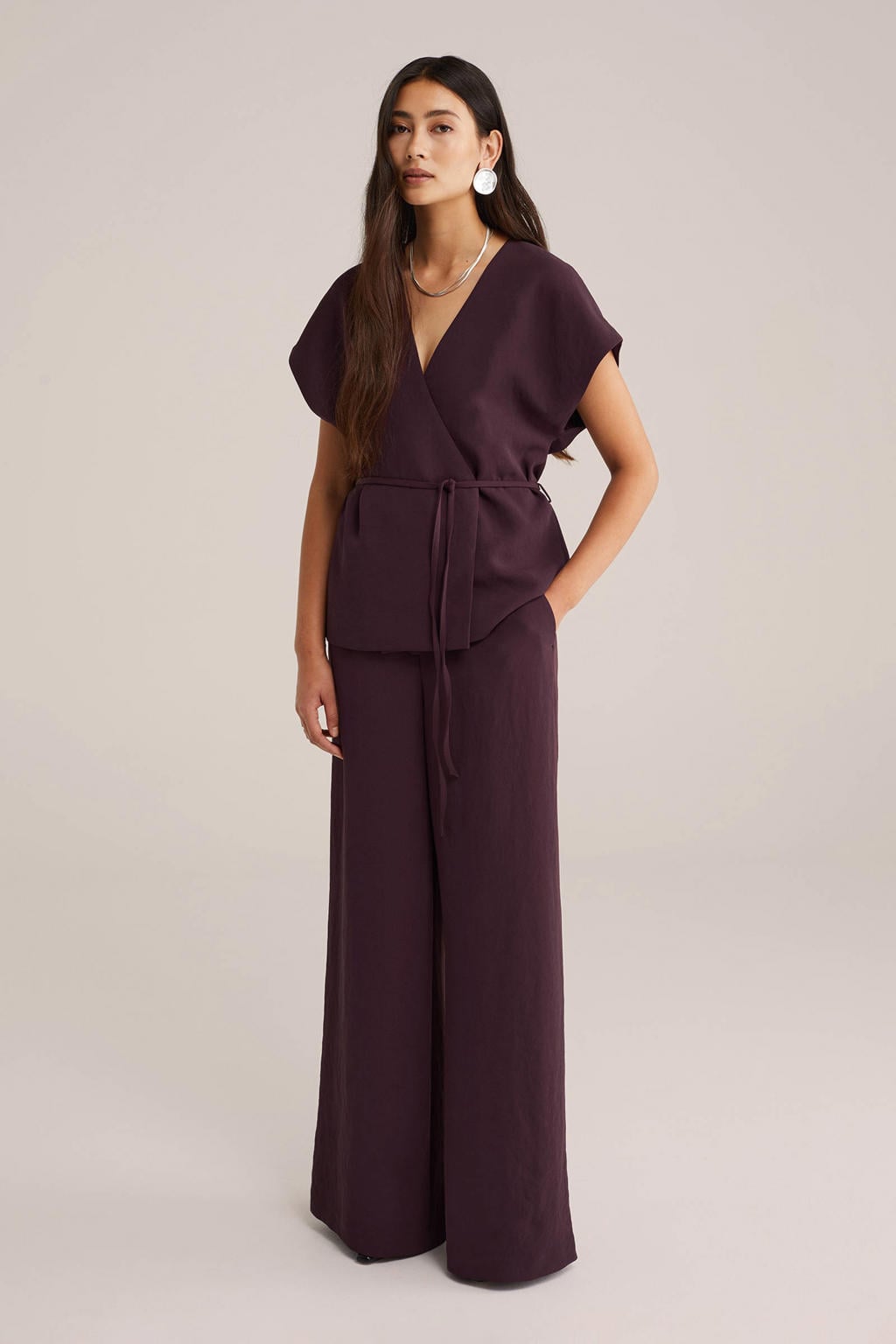 Aubergine dames WE STUDIO top van polyester met effen, V-hals en ceintuur