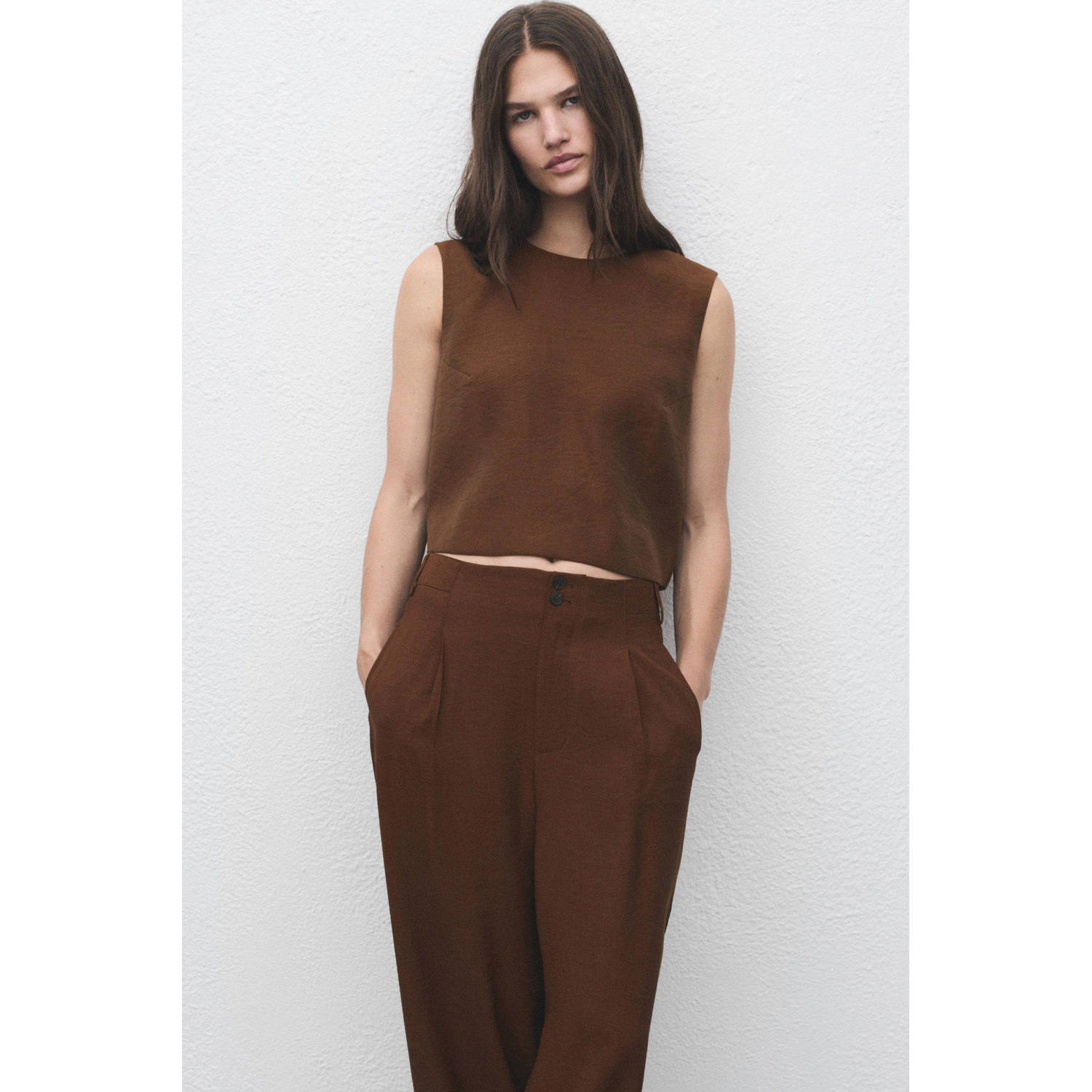 Mango straight regular waist casual broek bruin