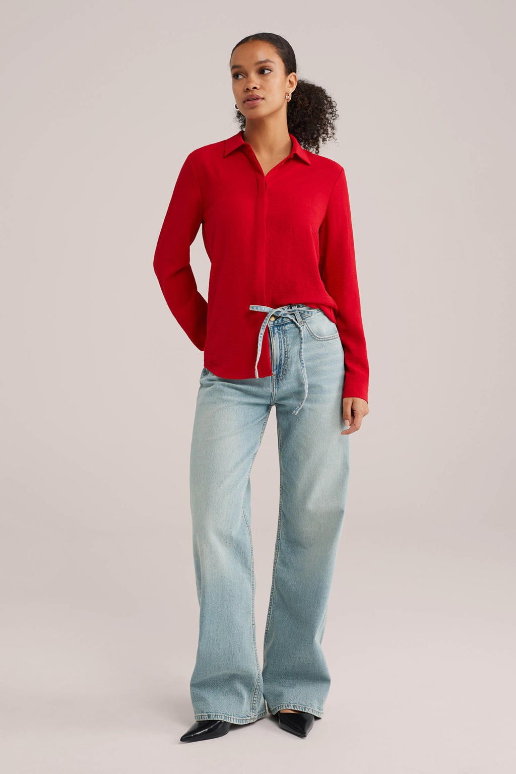 Rode dames WE Fashion blouse van polyester met effen, lange mouwen, klassieke kraag en blinde knoopsluiting