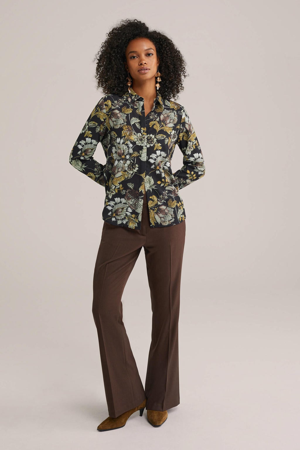 Groen en multikleurige dames WE Fashion blouse van polyester met effen, lange mouwen, klassieke kraag en blinde knoopsluiting