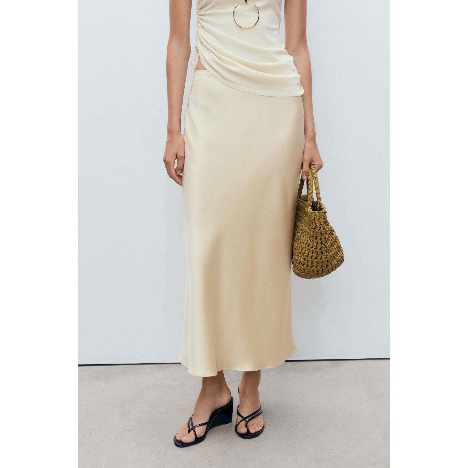 Mango midi rok lichtgeel