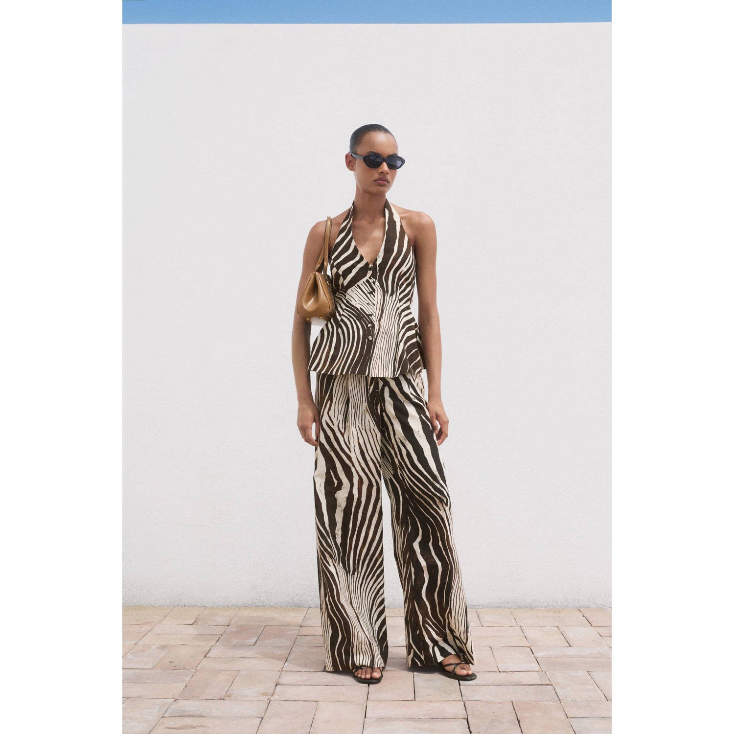Mango linnen straight high waist broek donkerbruin