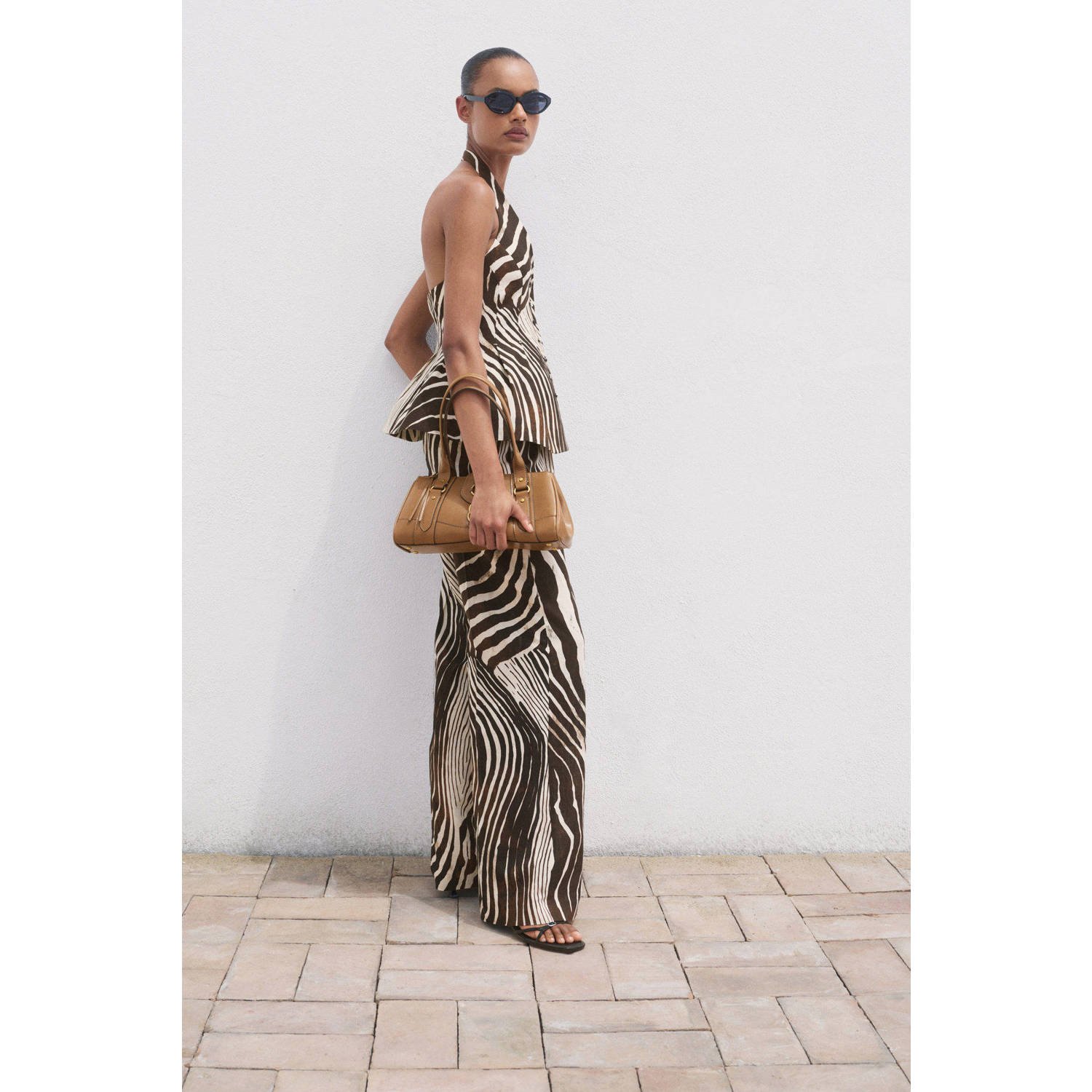 Mango linnen straight high waist broek donkerbruin