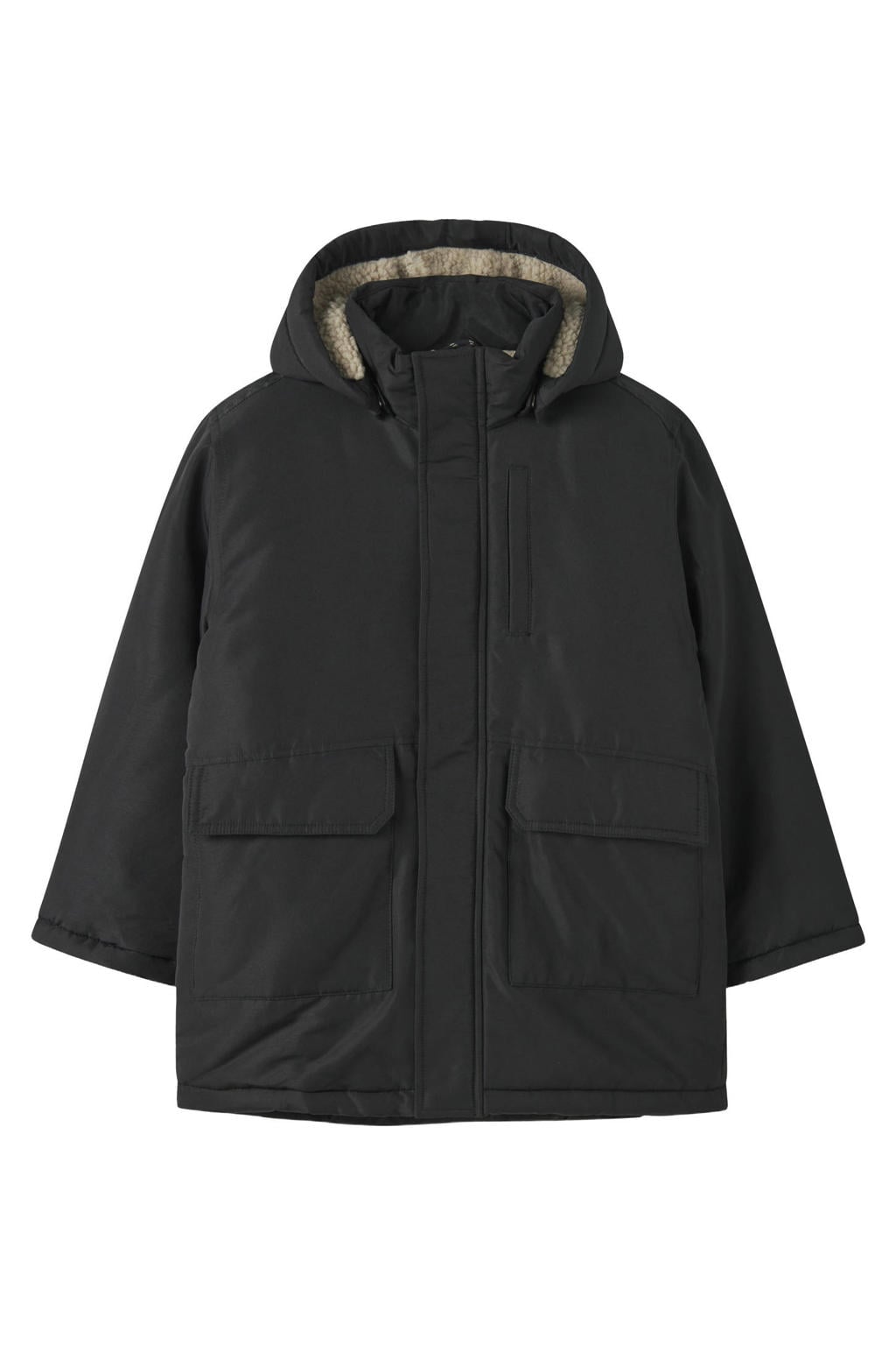 Zwarte jongens NAME IT KIDS parka van polyester met effen, lange mouwen, capuchon, rits- en drukknoopsluiting en reflecterende details