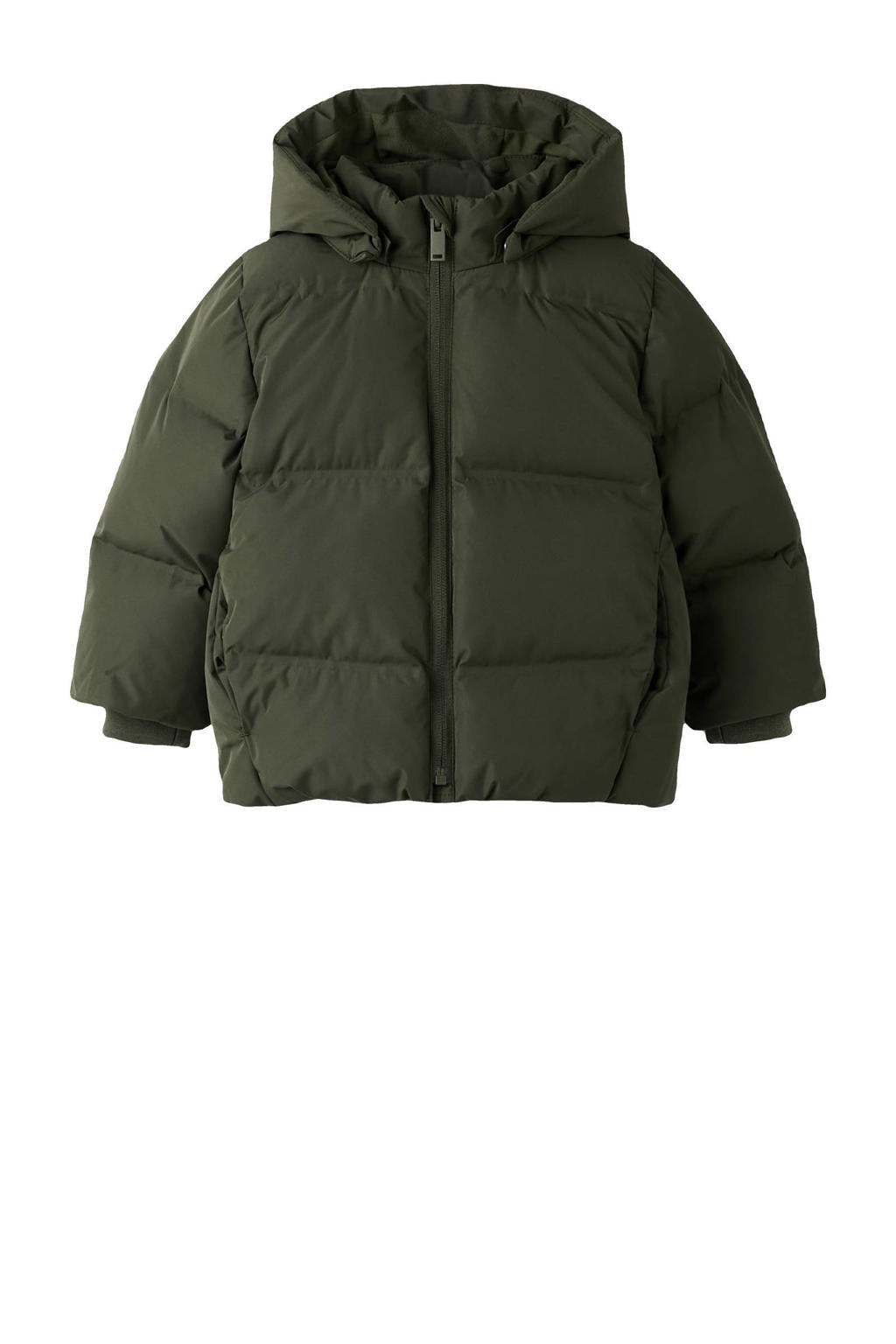 Donkergroene jongens en meisjes NAME IT MINI gewatteerde jas van polyester met effen, lange mouwen, capuchon, ritssluiting en reflecterende details