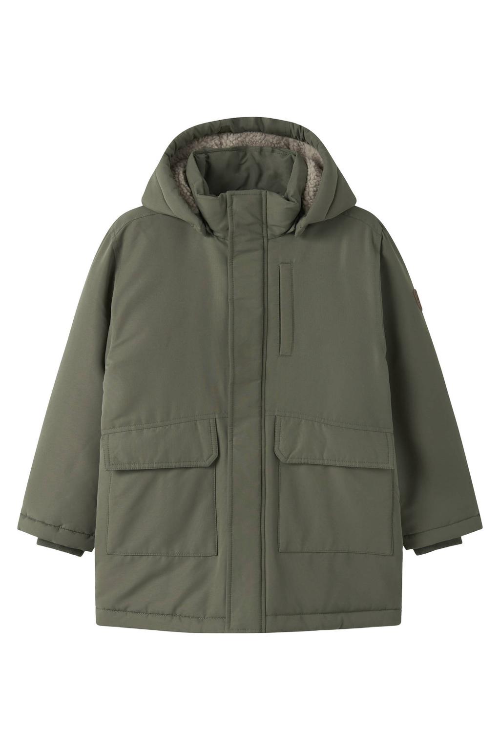 Olijfgroene jongens NAME IT KIDS parka van polyester met effen, lange mouwen, capuchon, rits- en drukknoopsluiting en reflecterende details