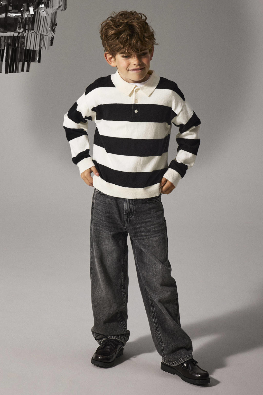 Zwart en witte jongens NAME IT KIDS trui gebreid van polyester met effen, lange mouwen, polo kraag en knoopsluiting