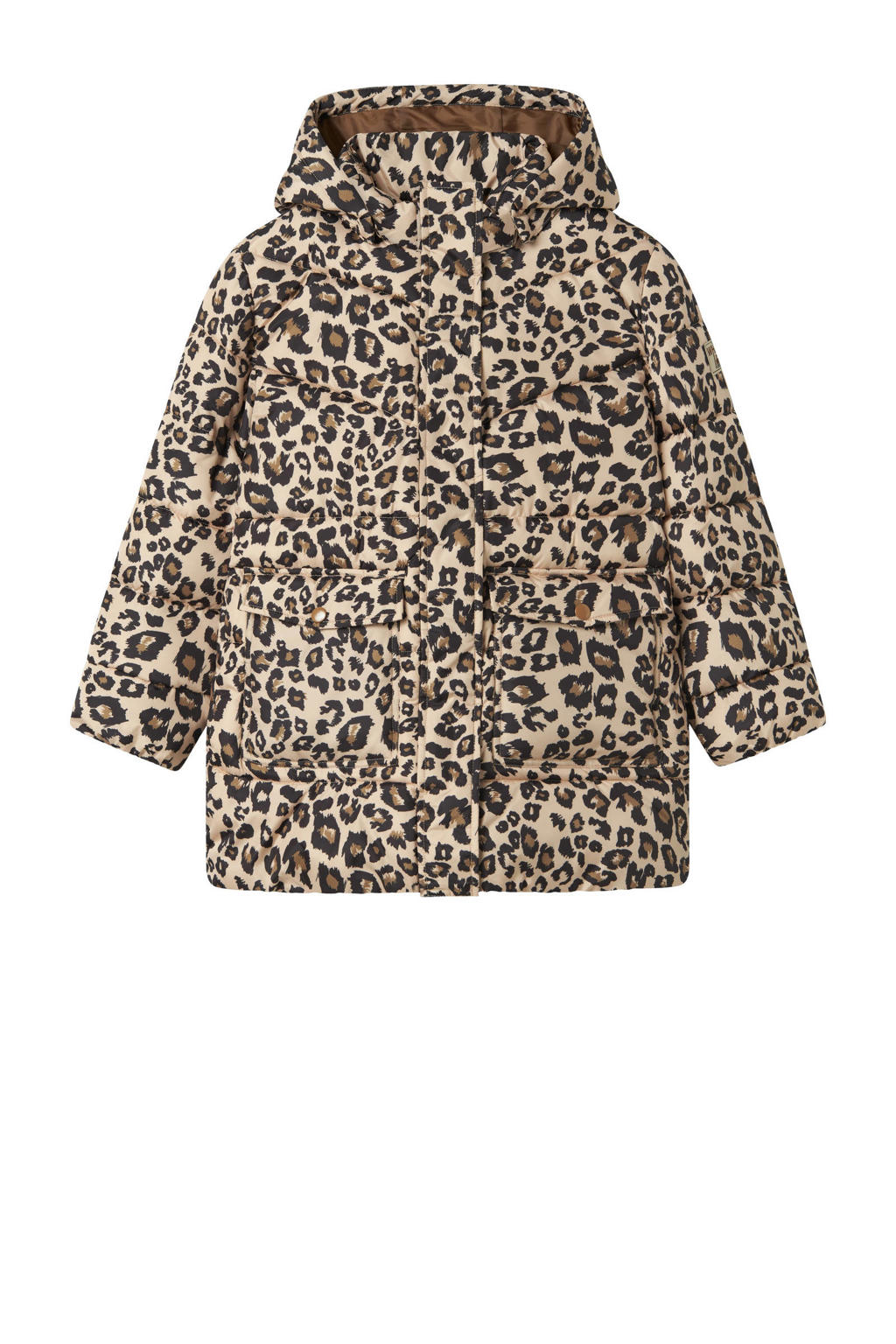 Beige en bruine meisjes NAME IT KIDS gewatteerde jas van polyester met dierenprint, lange mouwen, capuchon, rits- en drukknoopsluiting en reflecterende details