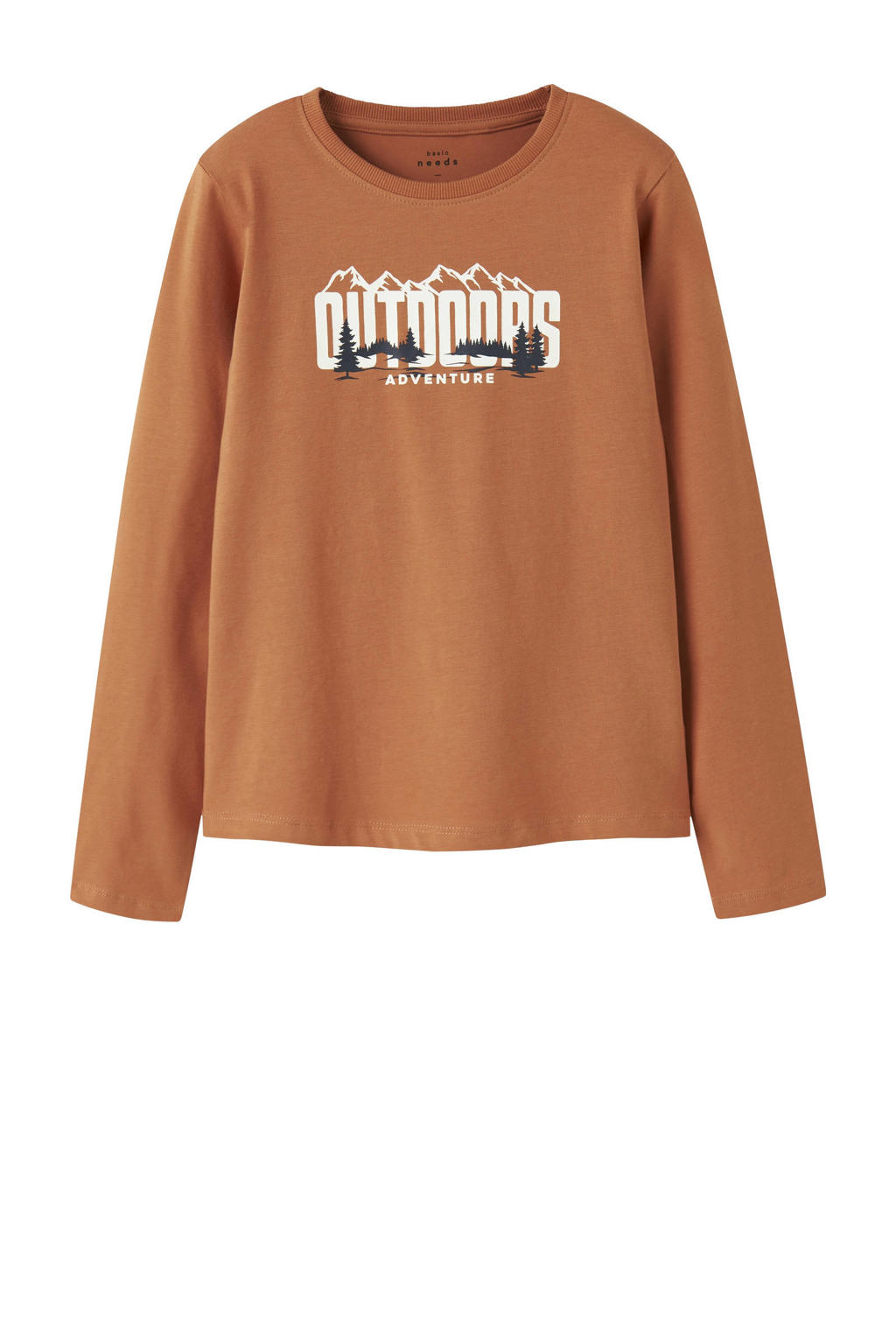 Bruine jongens NAME IT KIDS longsleeve van stretchkatoen met printopdruk, lange mouwen en ronde hals