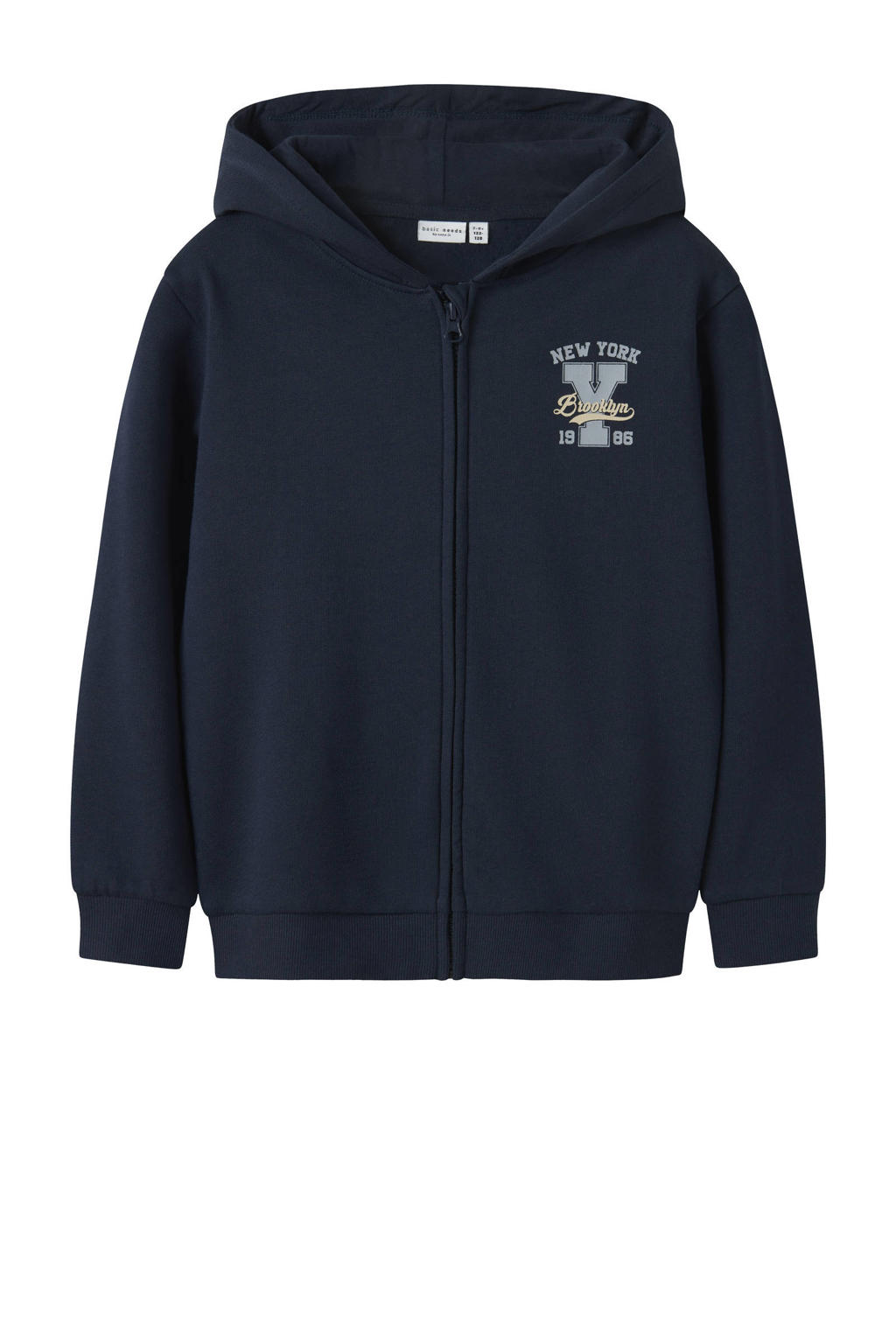 Donkerblauwe jongens NAME IT KIDS sweatvest met backprint, lange mouwen, capuchon, ritssluiting en geribde boorden