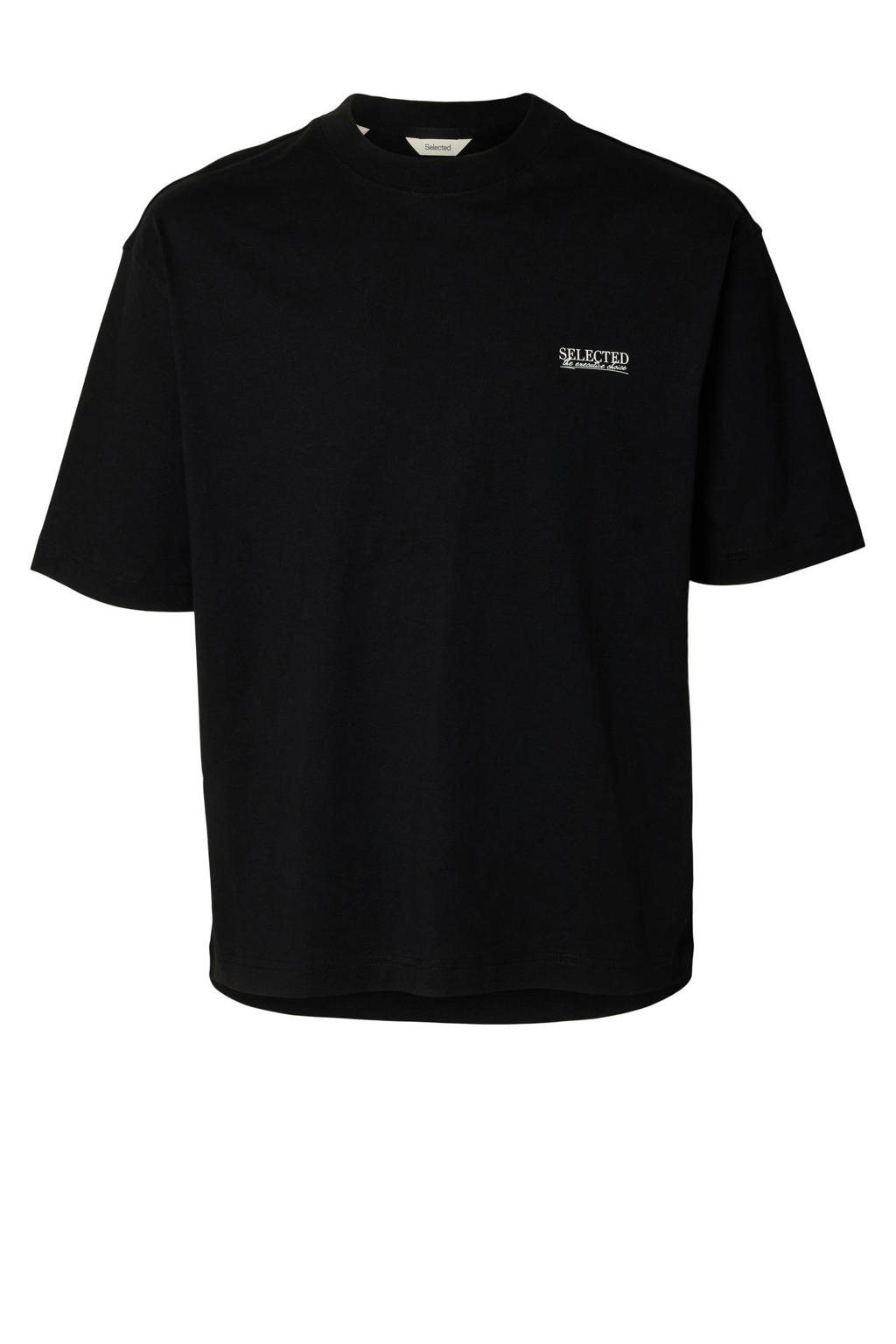 Zwarte heren Selected relaxed T-shirt van katoen met logo dessin, korte mouwen en ronde hals