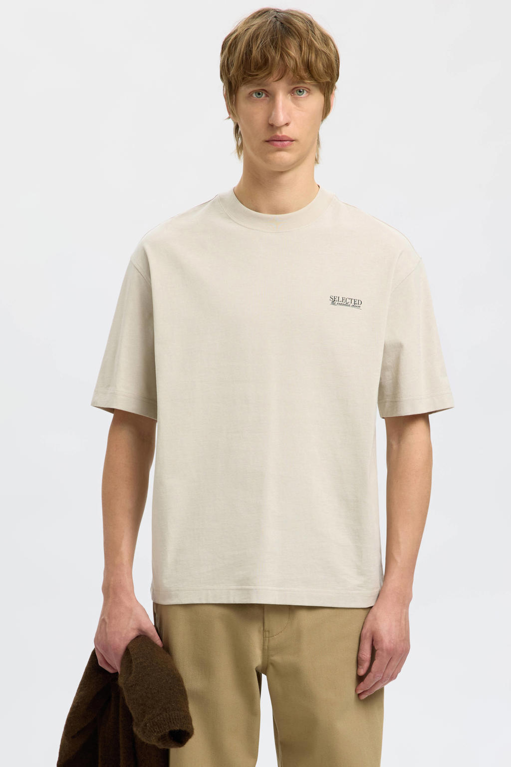 Beige heren Selected relaxed T-shirt van katoen met logo dessin, korte mouwen en ronde hals
