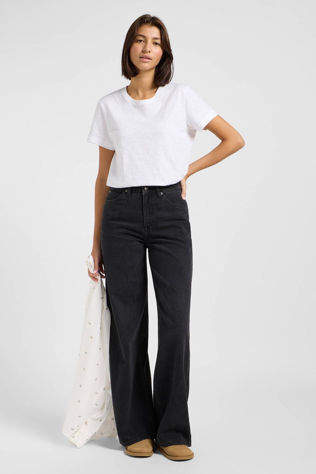 Zwarte dames Lee high waist wide leg jeans van denim met rits- en knoopsluiting en effen