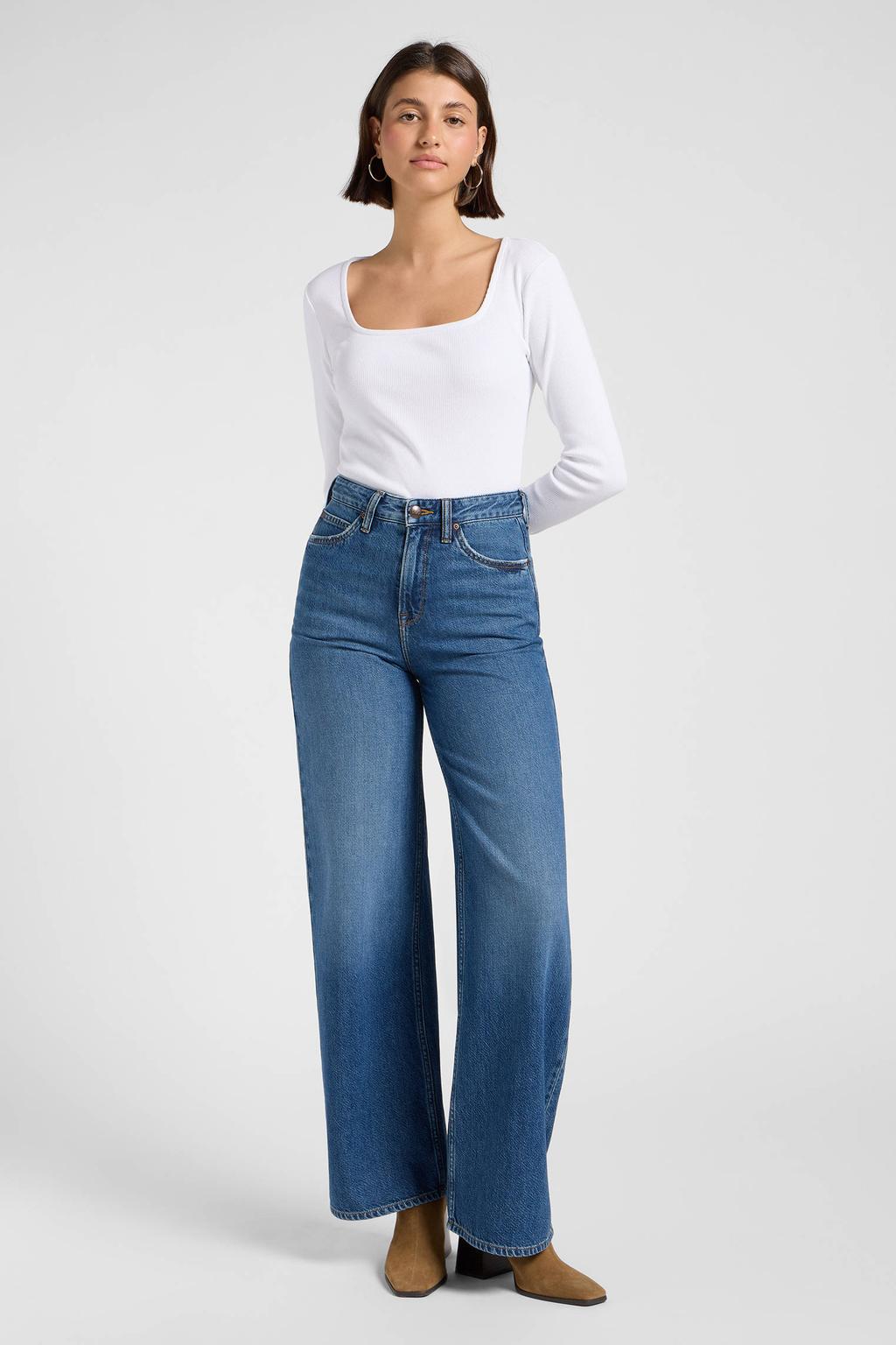 Medium blue denim dames Lee high waist loose fit jeans van denim met effen