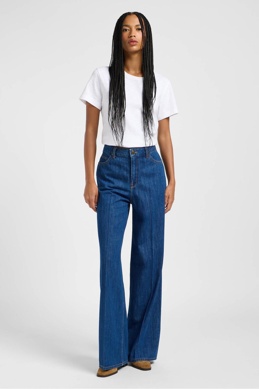 Medium blue denim dames Lee high waist straight leg jeans van denim met rits- en knoopsluiting en effen
