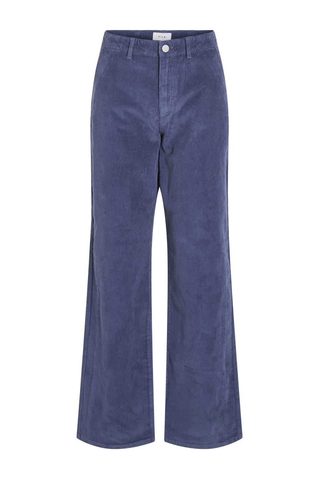 Blauwe dames VILA wide leg high waist broek van katoen met rits- en knoopsluiting en effen