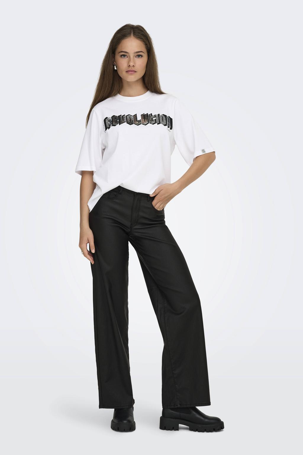 Zwarte dames ONLY imitatieleren imitatieleren wide leg regular waist broek met rits- en knoopsluiting