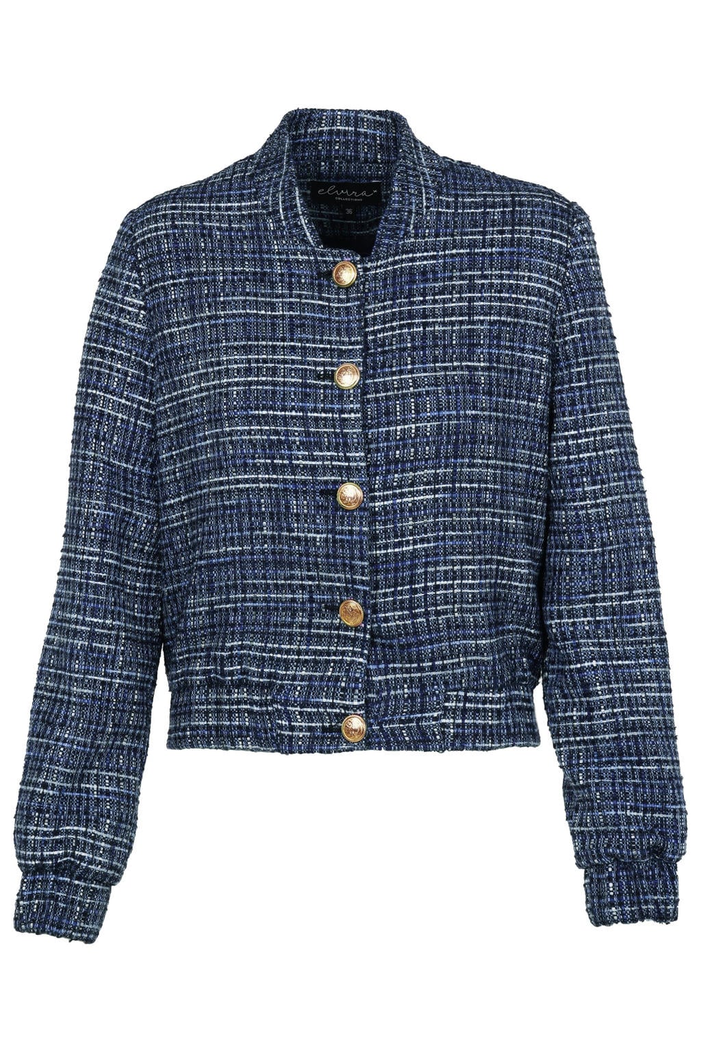 Blauwe dames Elvira Collections bouclé bomberjack met effen, lange mouwen, klassieke kraag en knoopsluiting