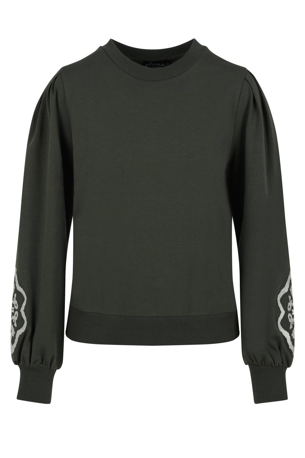 Donkergroene dames Elvira Collections sweater met bloemenprint, lange mouwen, ronde hals en elastische boord