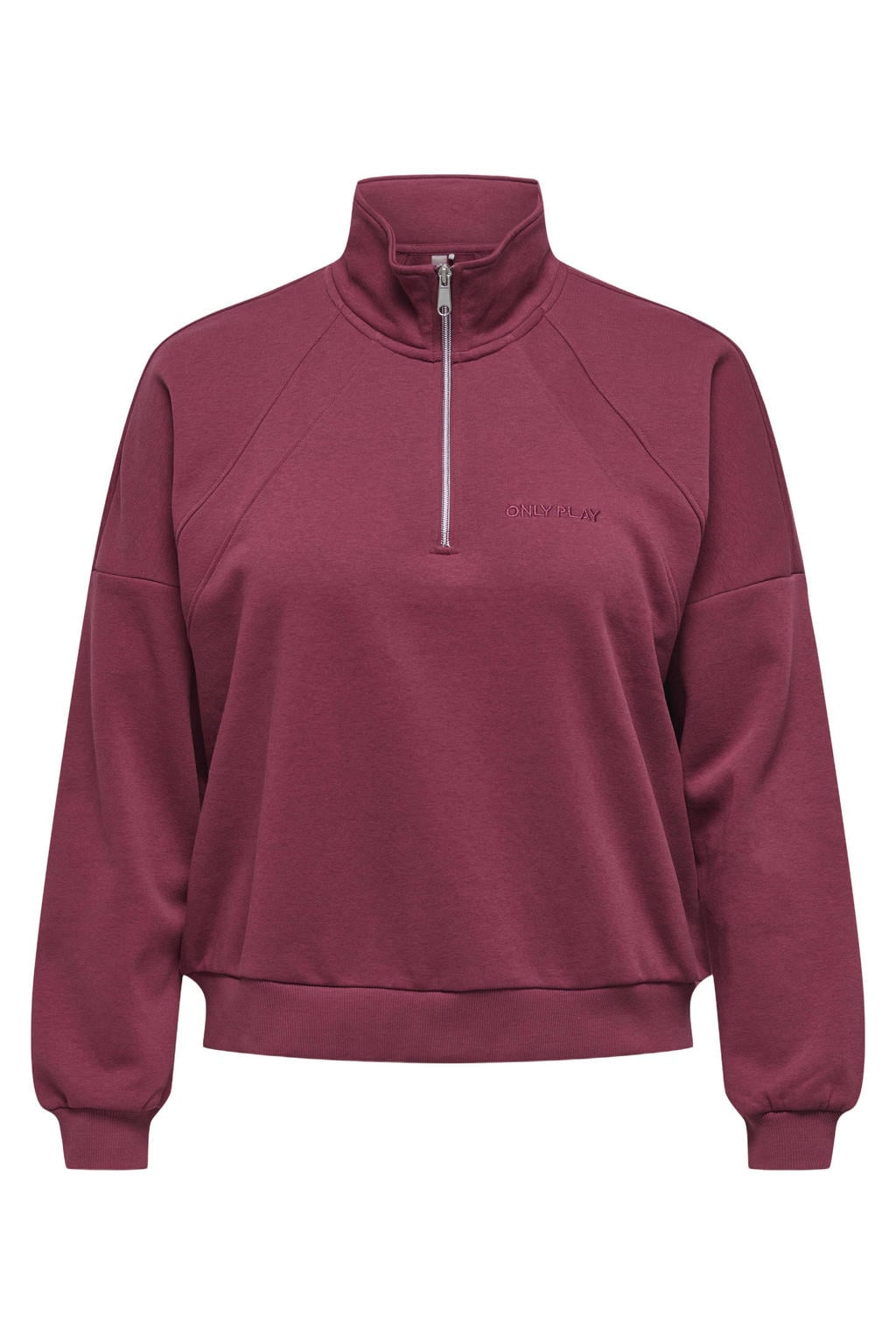 Donkerrode dames ONLY PLAY CURVY sweater van katoen met lange mouwen en opstaande kraag