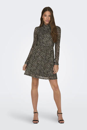 mesh jurk met panterprint bruin