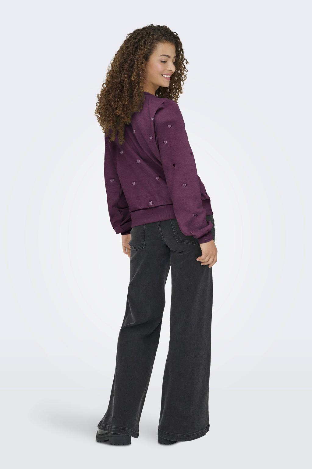 Donkerpaarse dames ONLY sweater van katoen met hartjesprint, lange mouwen en ronde hals
