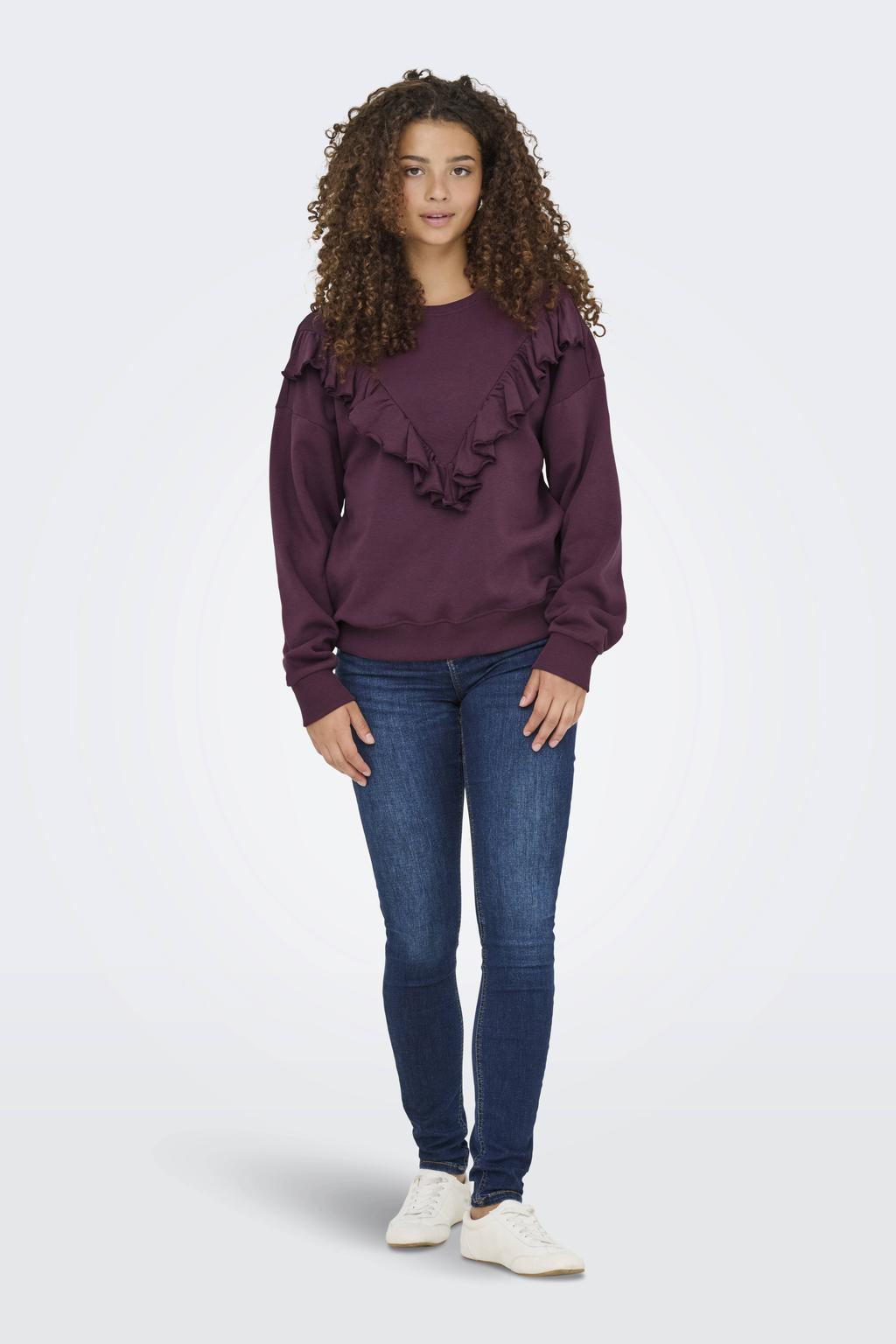 Donkerpaarse dames ONLY sweater van katoen met effen, lange mouwen, ronde hals en ruches