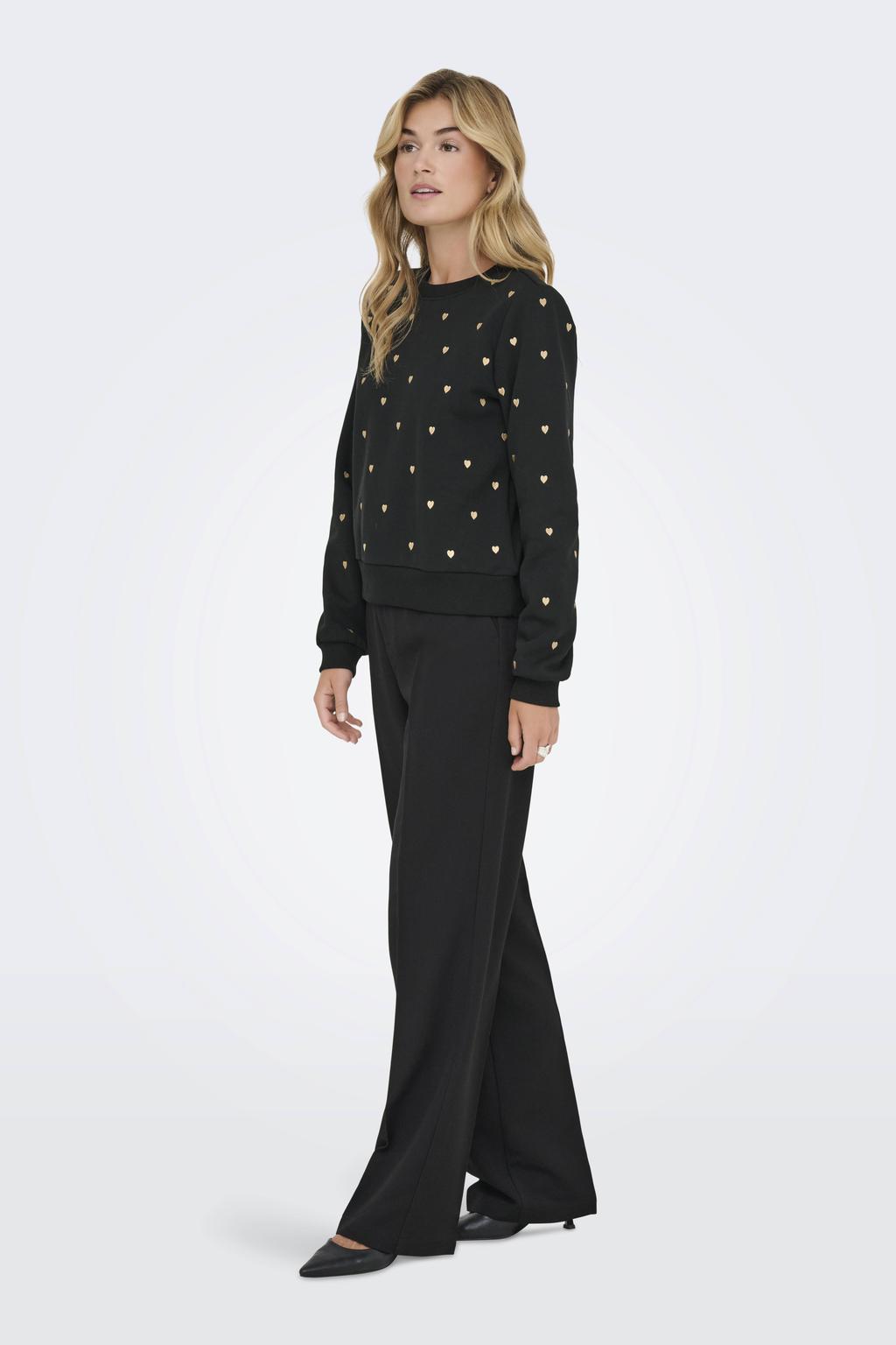 Zwart en gouden dames ONLY sweater van katoen met hartjesprint, lange mouwen en ronde hals