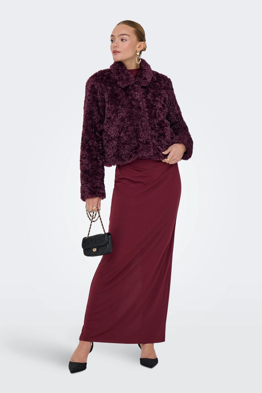 Aubergine dames ONLY teddy jas van polyester met effen, lange mouwen, reverskraag en knoopsluiting