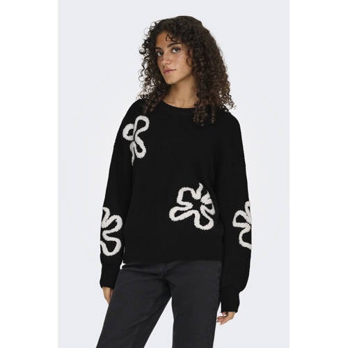 ONLY gebloemde pullover met wol zwart afbeelding
