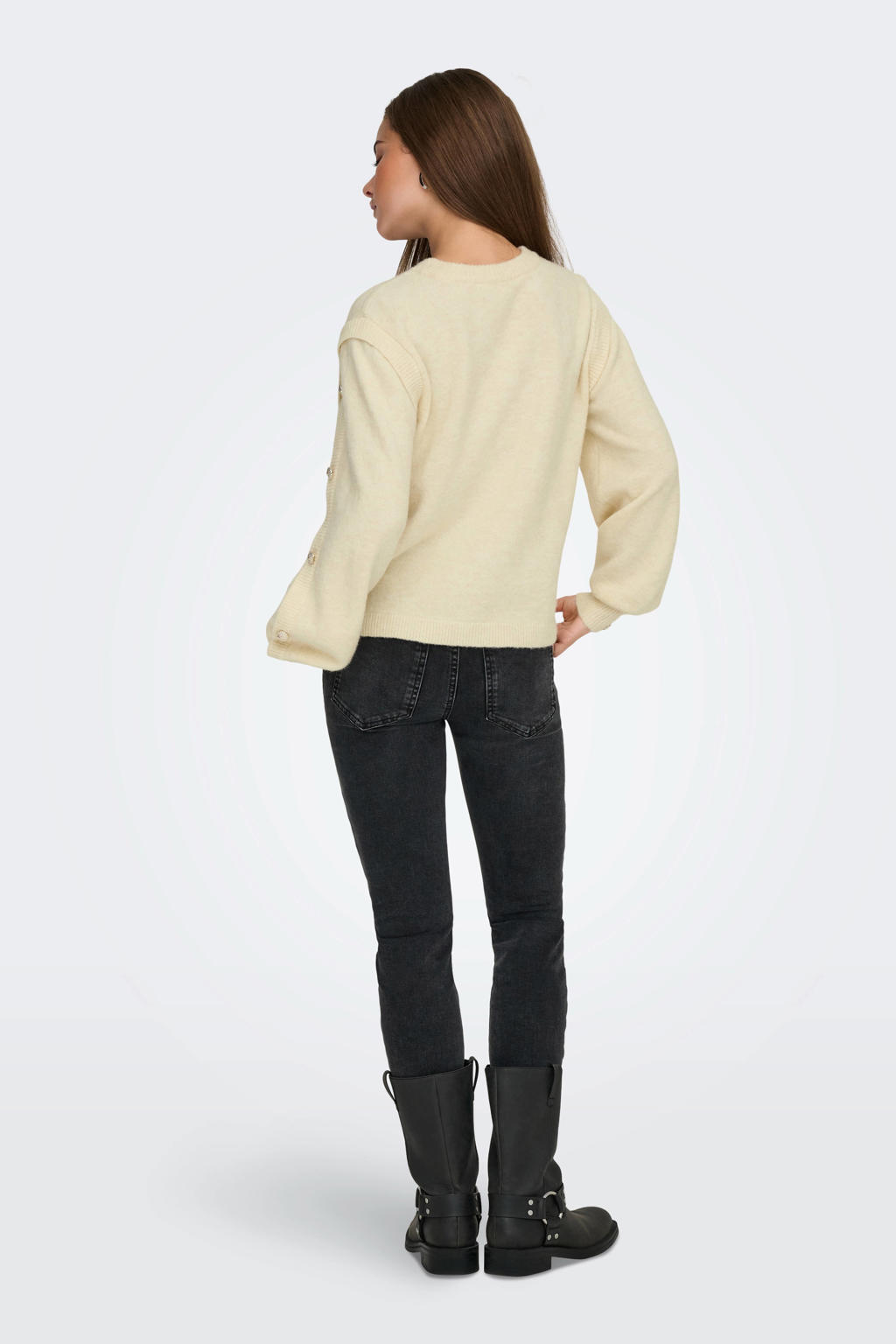 Ecru dames ONLY gebreide trui van polyester met effen, lange mouwen, ronde hals en knoopdetail