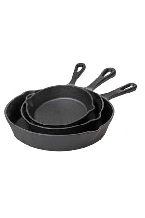  Koekenpannenset - Skillet Ø 16, 20 en 25 cm - Gietijzer - Zonder Anti-Aanbaklaa