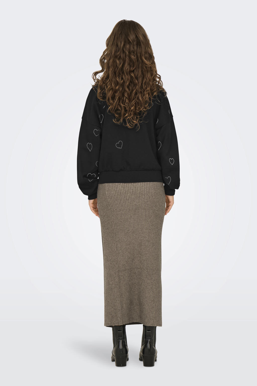 Zwarte dames ONLY sweater van katoen met hartjesprint, lange mouwen, ronde hals en glitters
