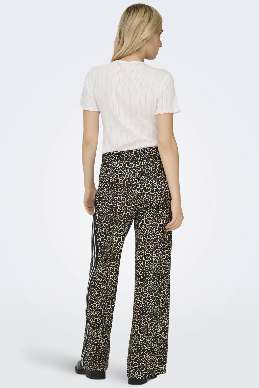Bruin en zwarte dames ONLY wide leg regular waist broek van viscose met elastische tailleband met koord en dierenprint