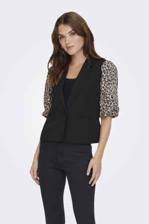 cropped blazer met panterprint zwart