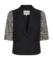 thumbnail: Zwarte dames ONLY cropped blazer van polyester met dierenprint, lange mouwen, reverskraag en knoopsluiting