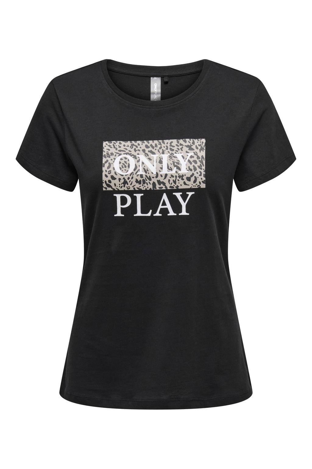 Zwarte dames ONLY PLAY sportshirt van katoen met printopdruk, korte mouwen en ronde hals