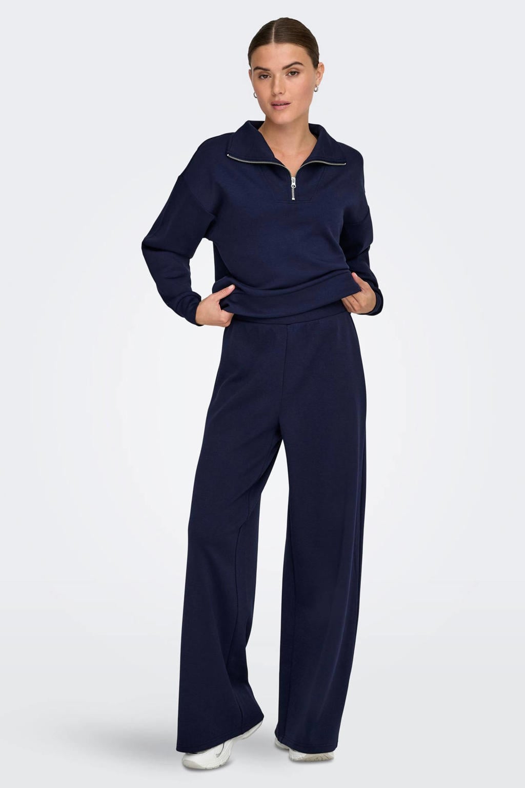 Donkerblauwe dames ONLY PLAY sweater van polyester met lange mouwen en opstaande kraag